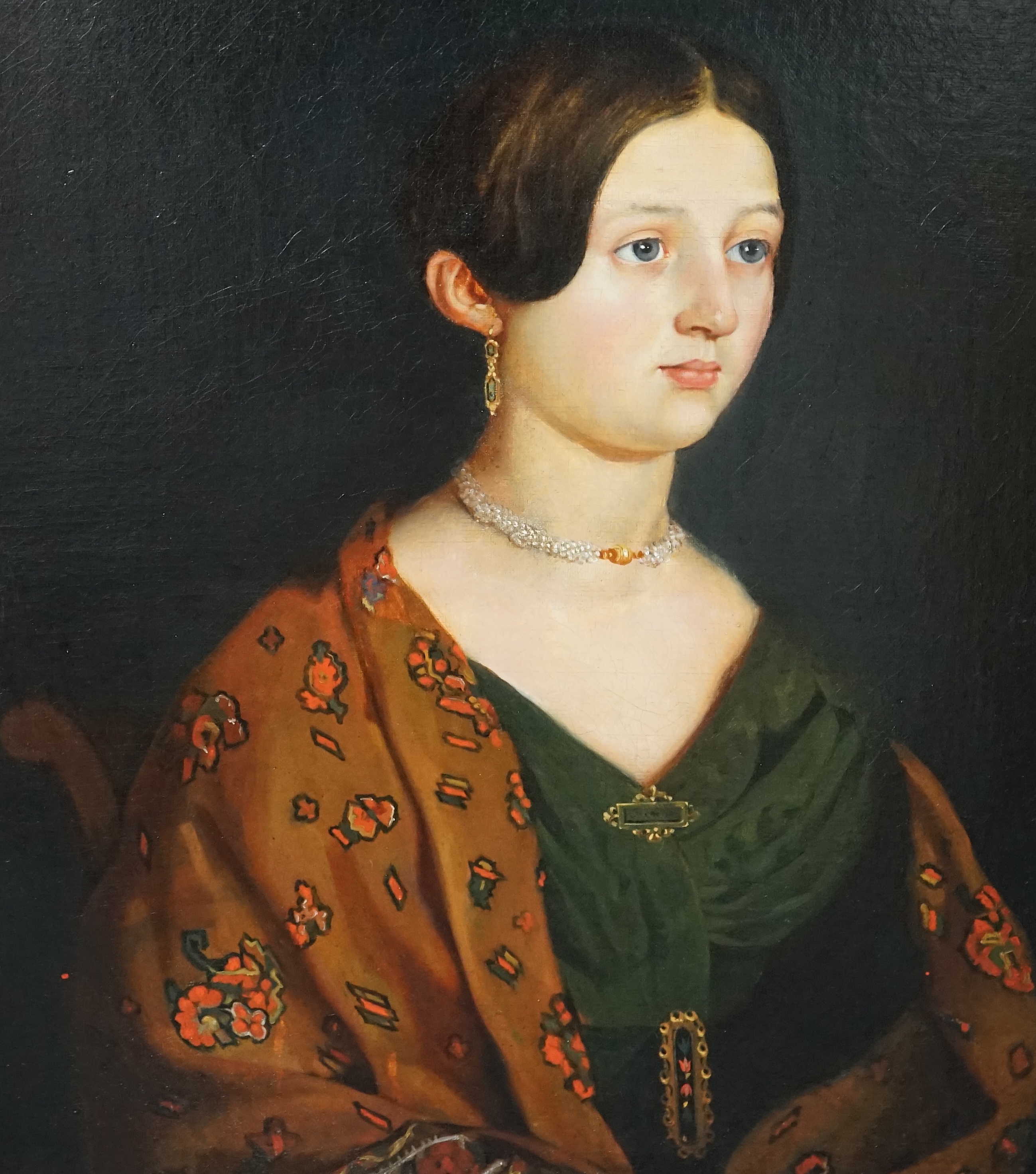 Victorian School , Portrait of a lady wearing a pearl necklace and drop earrings, oil on canvas, 57 x 49cm